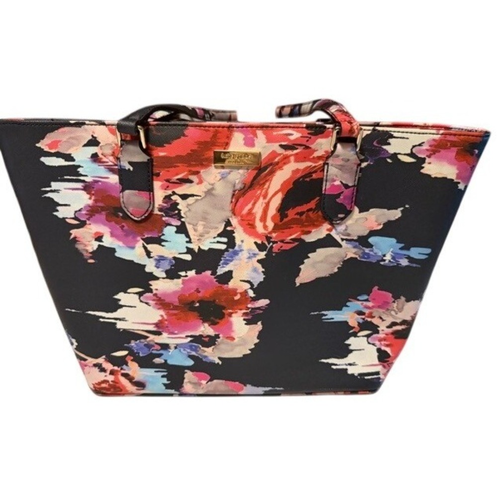 Kate Spade New York Floral Saffiano Leather Tote Bag Black Multi Zip Top